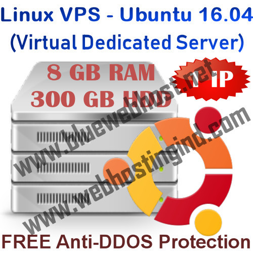 Linux VPS – Ubuntu 16.04 (Virtual Dedicated Server) 8GB RAM + 300GB HDD – 1 Year